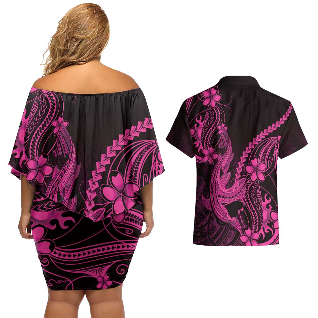 Pink Black Aloha Hawaii Couples Matching Off Shoulder Short Dress and Hawaiian Shirt Polynesian Shark Tattoo With Plumeria - Polynesian Pride