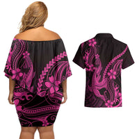 Pink Black Aloha Hawaii Couples Matching Off Shoulder Short Dress and Hawaiian Shirt Polynesian Shark Tattoo With Plumeria - Polynesian Pride