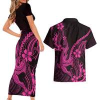 Pink Black Aloha Hawaii Couples Matching Short Sleeve Bodycon Dress and Hawaiian Shirt Polynesian Shark Tattoo With Plumeria - Polynesian Pride