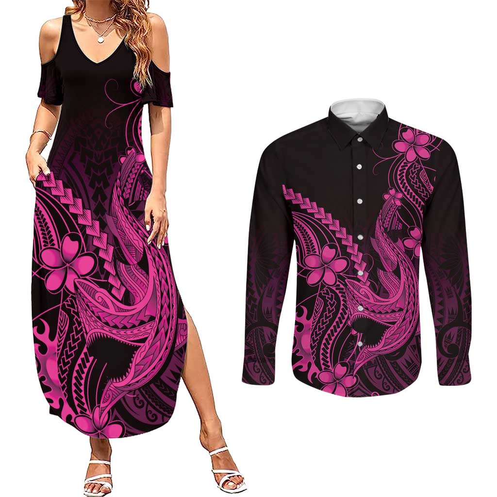 Pink Black Aloha Hawaii Couples Matching Summer Maxi Dress and Long Sleeve Button Shirt Polynesian Shark Tattoo With Plumeria - Polynesian Pride