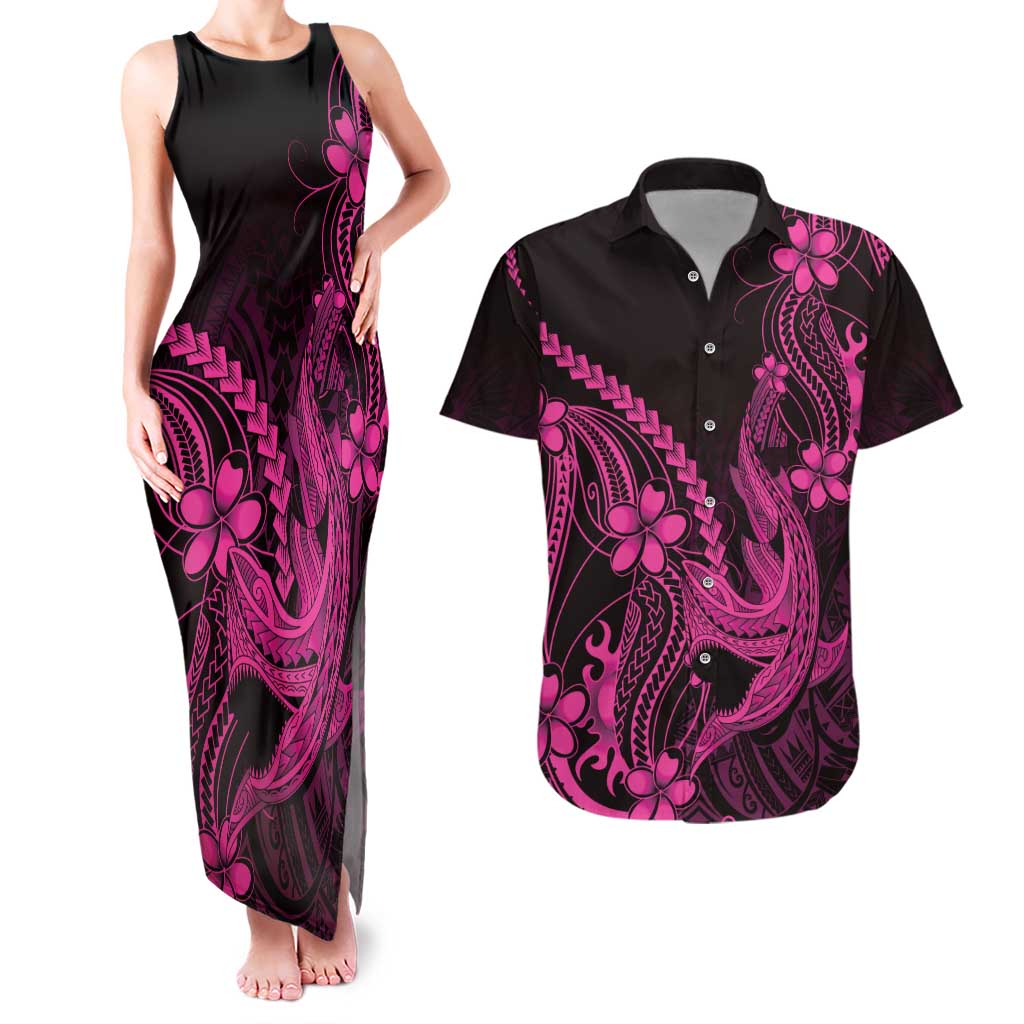Pink Black Aloha Hawaii Couples Matching Tank Maxi Dress and Hawaiian Shirt Polynesian Shark Tattoo With Plumeria LT14 Pink - Polynesian Pride