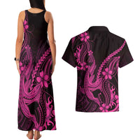 Pink Black Aloha Hawaii Couples Matching Tank Maxi Dress and Hawaiian Shirt Polynesian Shark Tattoo With Plumeria LT14 - Polynesian Pride