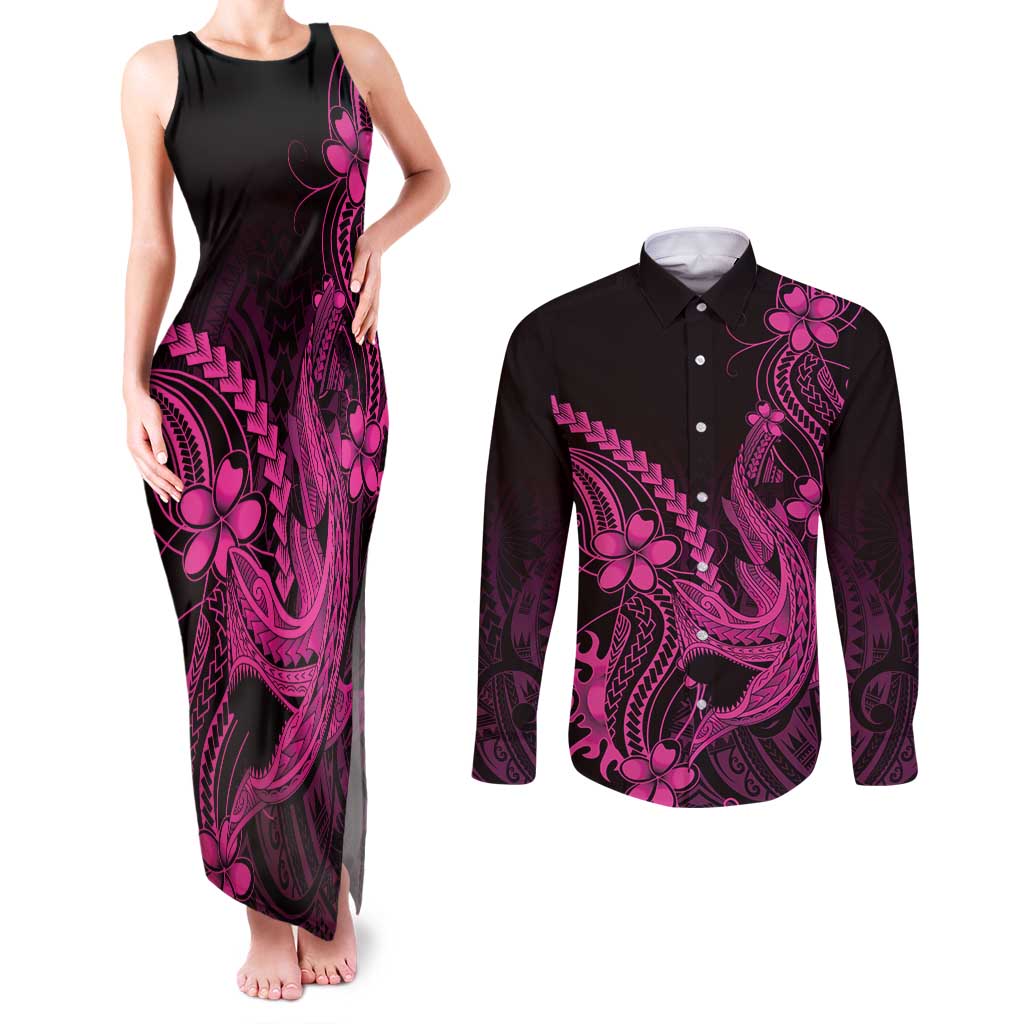 Pink Black Aloha Hawaii Couples Matching Tank Maxi Dress and Long Sleeve Button Shirt Polynesian Shark Tattoo With Plumeria - Polynesian Pride