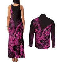 Pink Black Aloha Hawaii Couples Matching Tank Maxi Dress and Long Sleeve Button Shirt Polynesian Shark Tattoo With Plumeria - Polynesian Pride