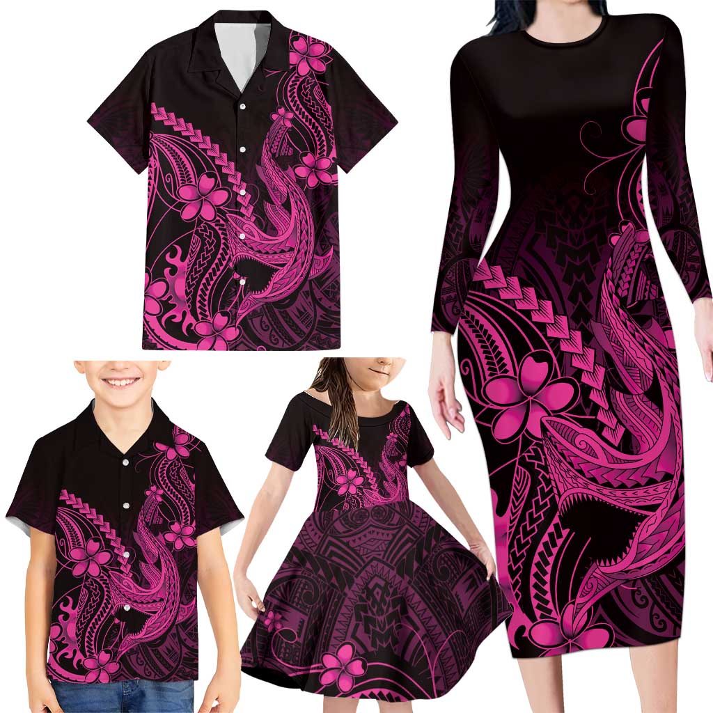 Pink Black Aloha Hawaii Family Matching Long Sleeve Bodycon Dress and Hawaiian Shirt Polynesian Shark Tattoo With Plumeria - Polynesian Pride