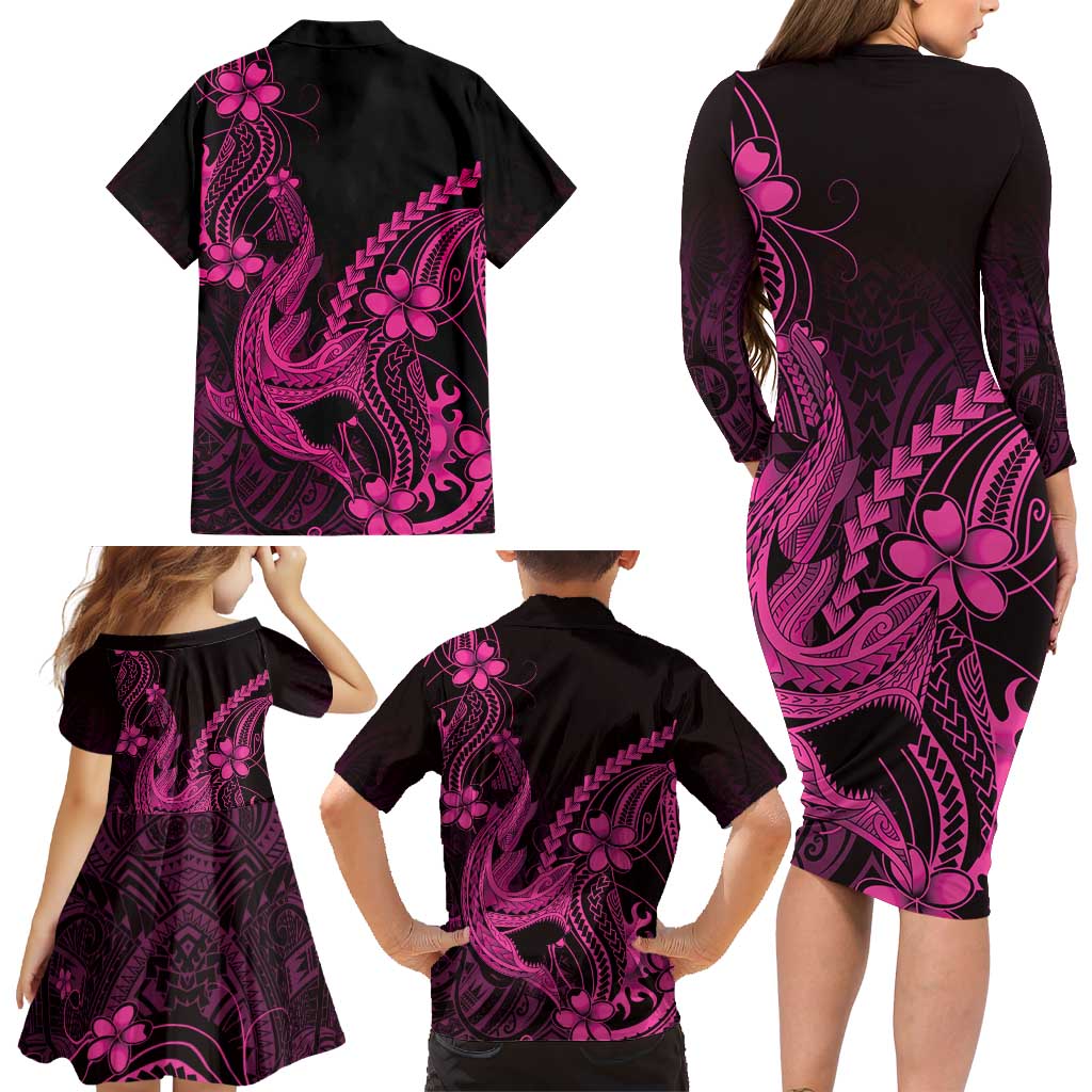 Pink Black Aloha Hawaii Family Matching Long Sleeve Bodycon Dress and Hawaiian Shirt Polynesian Shark Tattoo With Plumeria - Polynesian Pride
