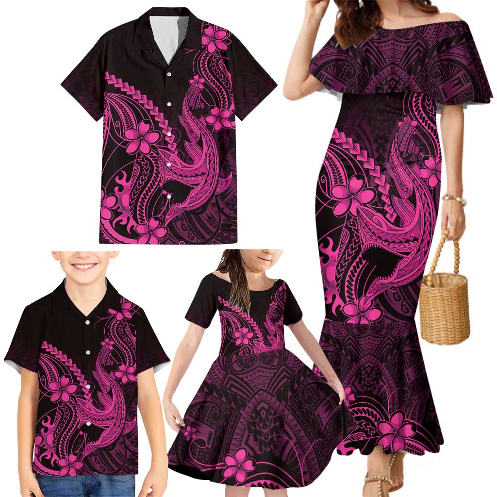 Pink Black Aloha Hawaii Family Matching Mermaid Dress and Hawaiian Shirt Polynesian Shark Tattoo With Plumeria - Polynesian Pride