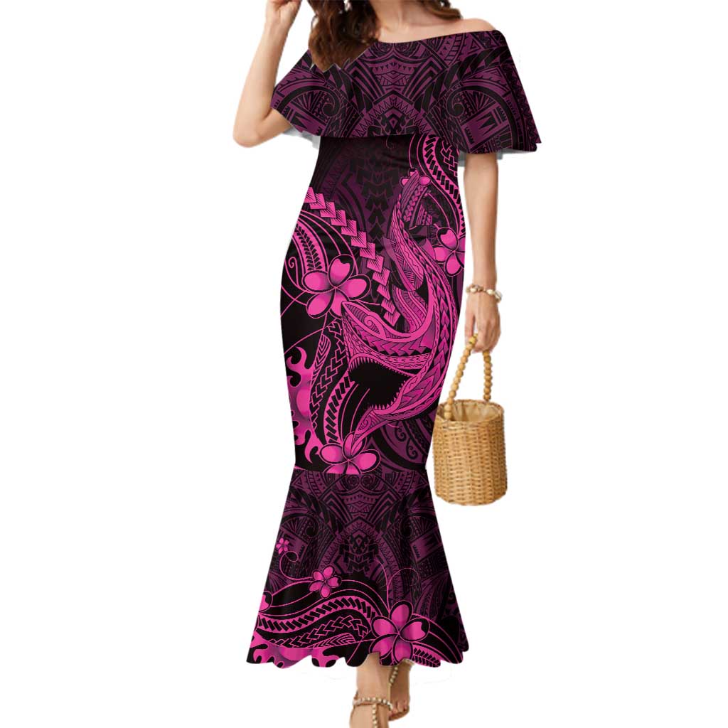Pink Black Aloha Hawaii Family Matching Mermaid Dress and Hawaiian Shirt Polynesian Shark Tattoo With Plumeria - Polynesian Pride