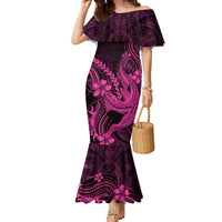 Pink Black Aloha Hawaii Family Matching Mermaid Dress and Hawaiian Shirt Polynesian Shark Tattoo With Plumeria - Polynesian Pride