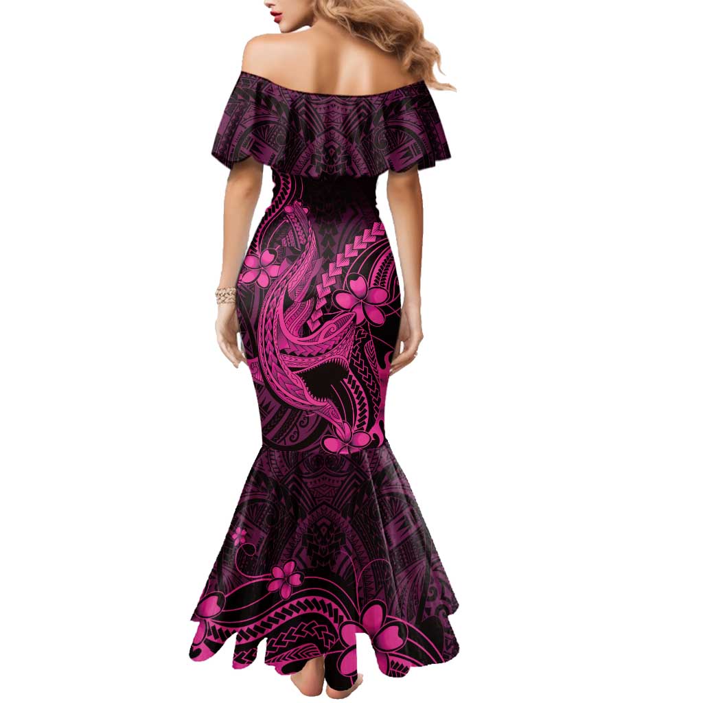 Pink Black Aloha Hawaii Family Matching Mermaid Dress and Hawaiian Shirt Polynesian Shark Tattoo With Plumeria - Polynesian Pride