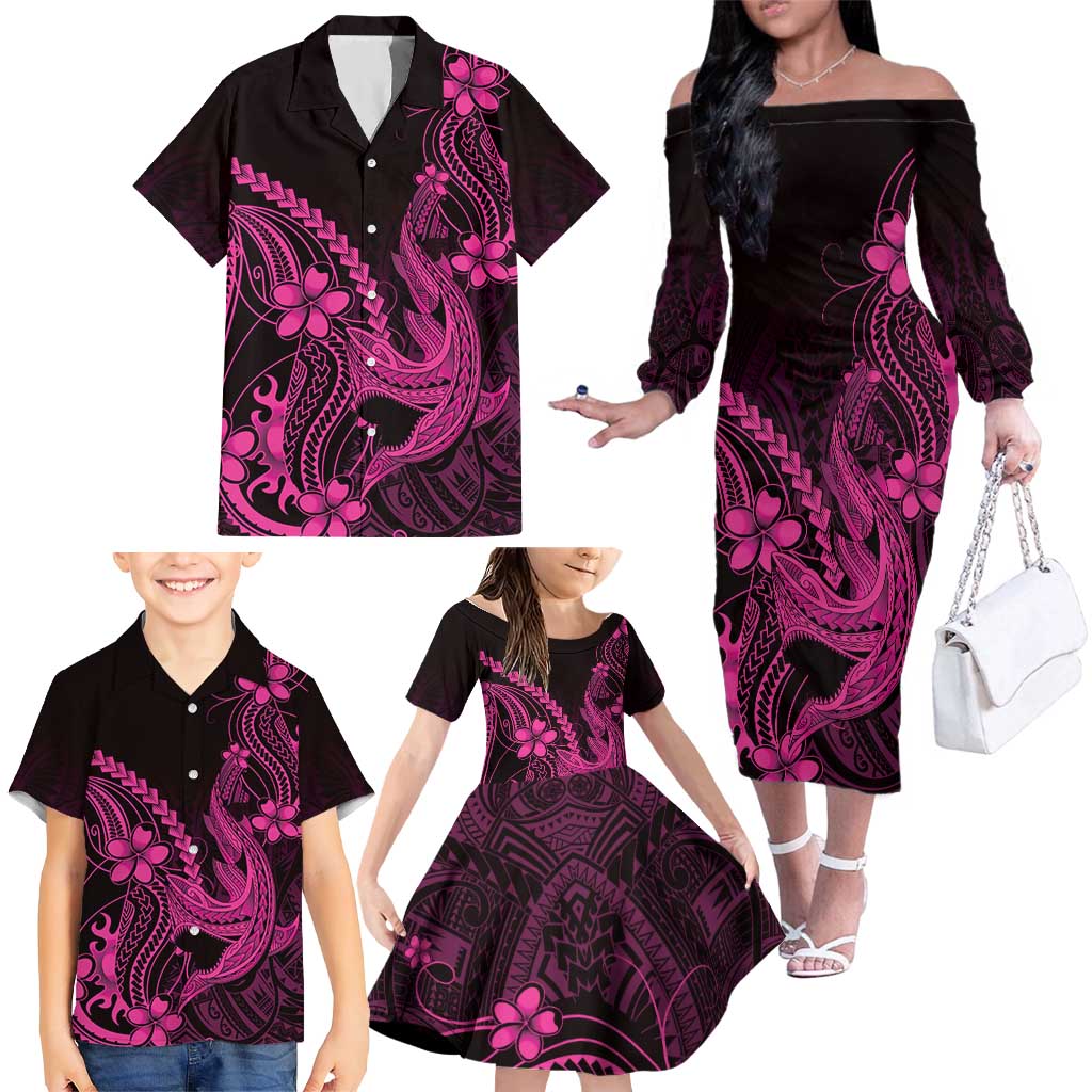 Pink Black Aloha Hawaii Family Matching Off The Shoulder Long Sleeve Dress and Hawaiian Shirt Polynesian Shark Tattoo With Plumeria - Polynesian Pride