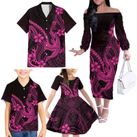 Pink Black Aloha Hawaii Family Matching Off The Shoulder Long Sleeve Dress and Hawaiian Shirt Polynesian Shark Tattoo With Plumeria - Polynesian Pride