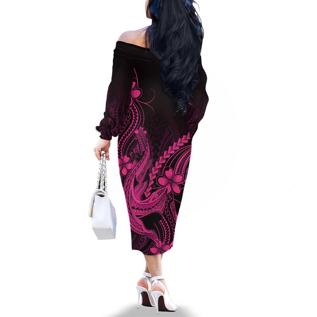 Pink Black Aloha Hawaii Family Matching Off The Shoulder Long Sleeve Dress and Hawaiian Shirt Polynesian Shark Tattoo With Plumeria - Polynesian Pride
