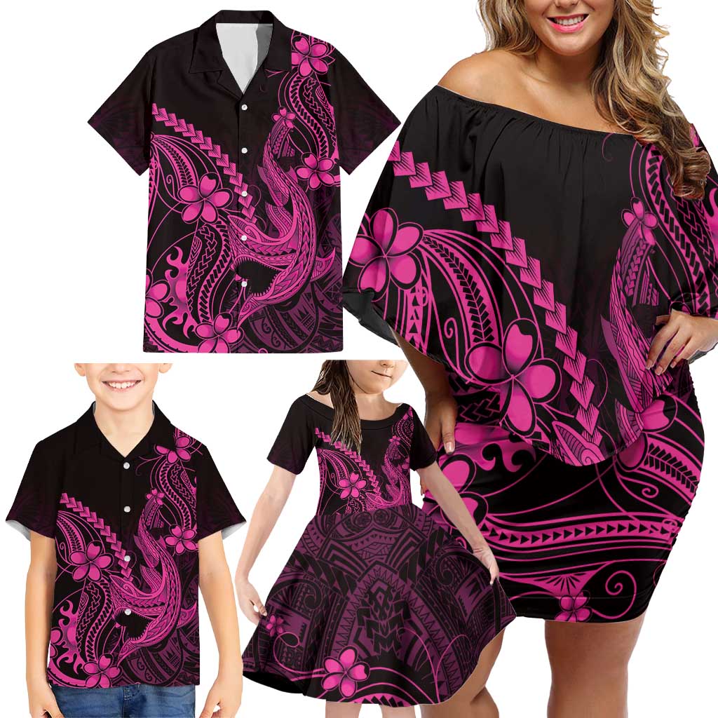Pink Black Aloha Hawaii Family Matching Off Shoulder Short Dress and Hawaiian Shirt Polynesian Shark Tattoo With Plumeria - Polynesian Pride