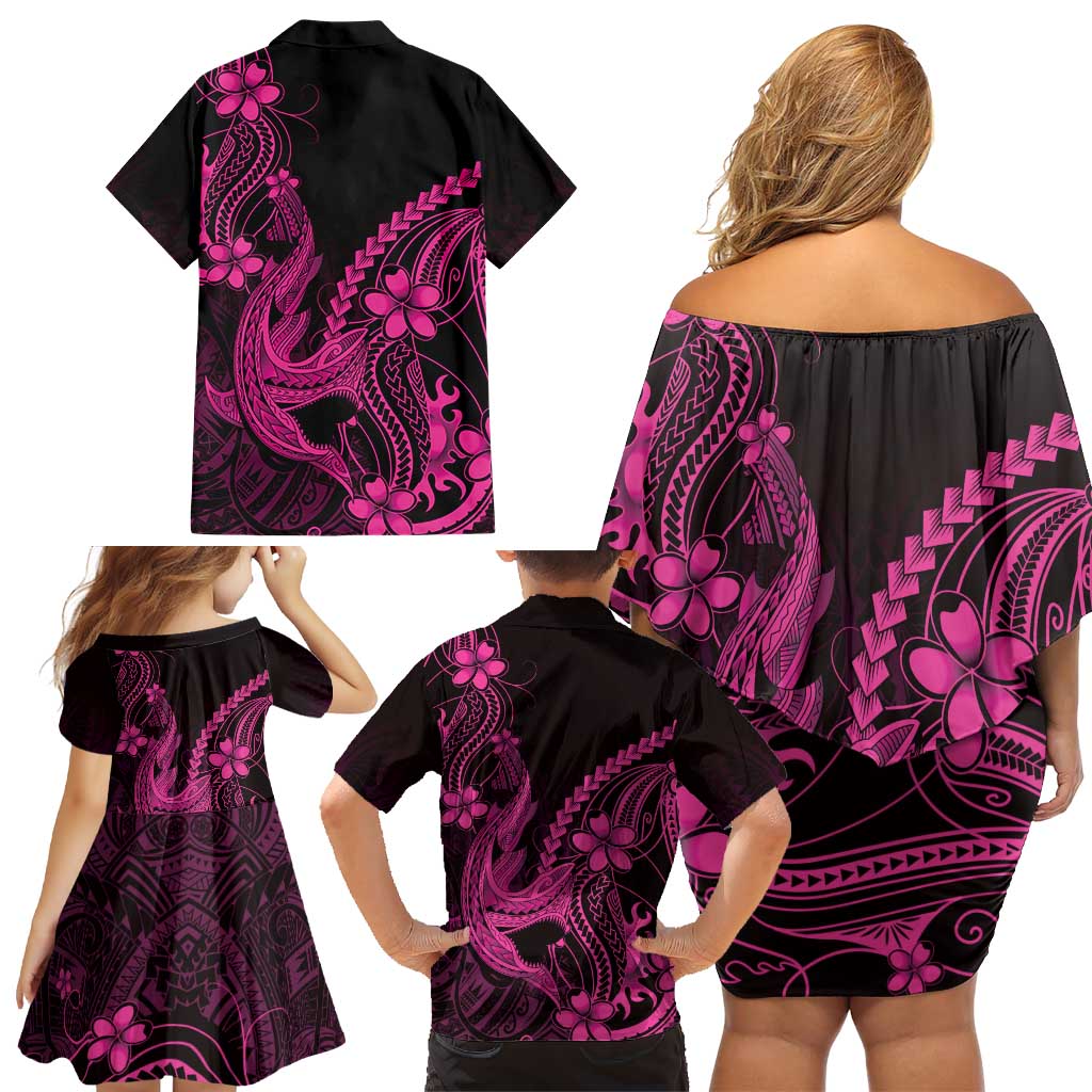 Pink Black Aloha Hawaii Family Matching Off Shoulder Short Dress and Hawaiian Shirt Polynesian Shark Tattoo With Plumeria - Polynesian Pride