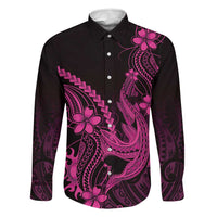 Pink Black Aloha Hawaii Family Matching Off Shoulder Short Dress and Hawaiian Shirt Polynesian Shark Tattoo With Plumeria - Polynesian Pride