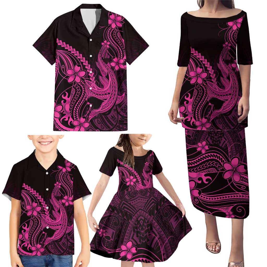 Pink Black Aloha Hawaii Family Matching Puletasi and Hawaiian Shirt Polynesian Shark Tattoo With Plumeria - Polynesian Pride