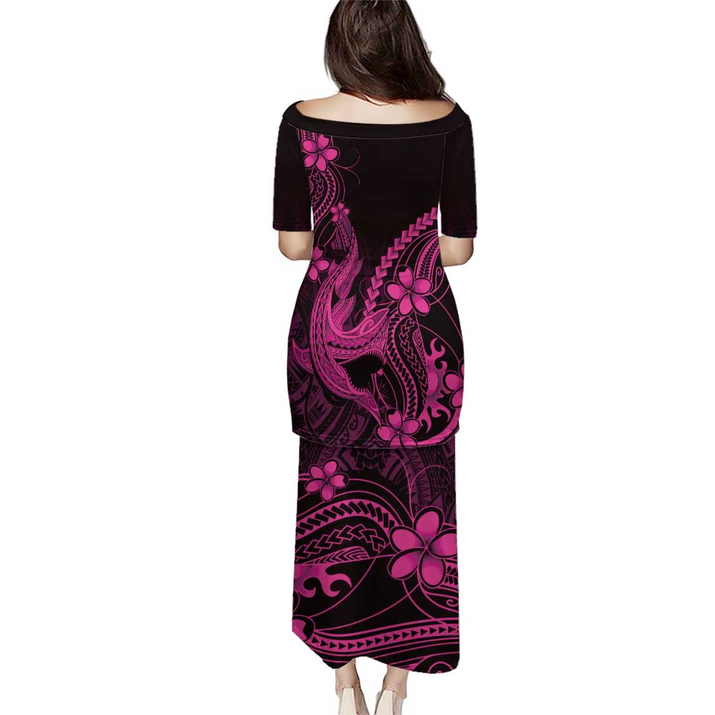 Pink Black Aloha Hawaii Family Matching Puletasi and Hawaiian Shirt Polynesian Shark Tattoo With Plumeria - Polynesian Pride