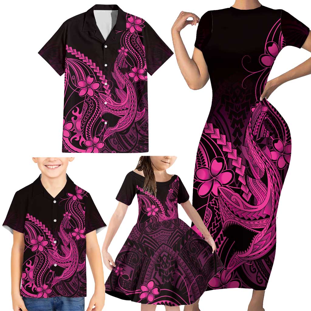Pink Black Aloha Hawaii Family Matching Short Sleeve Bodycon Dress and Hawaiian Shirt Polynesian Shark Tattoo With Plumeria - Polynesian Pride