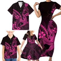 Pink Black Aloha Hawaii Family Matching Short Sleeve Bodycon Dress and Hawaiian Shirt Polynesian Shark Tattoo With Plumeria - Polynesian Pride