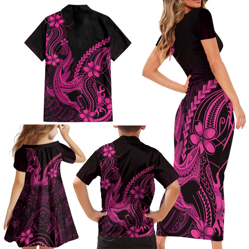 Pink Black Aloha Hawaii Family Matching Short Sleeve Bodycon Dress and Hawaiian Shirt Polynesian Shark Tattoo With Plumeria - Polynesian Pride