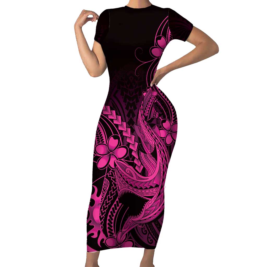 Pink Black Aloha Hawaii Family Matching Short Sleeve Bodycon Dress and Hawaiian Shirt Polynesian Shark Tattoo With Plumeria - Polynesian Pride