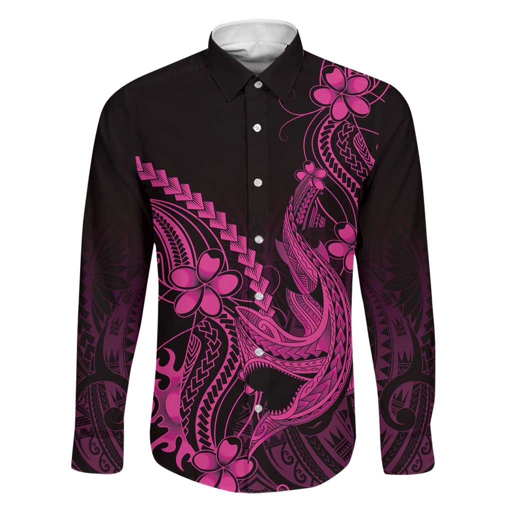 Pink Black Aloha Hawaii Family Matching Tank Maxi Dress and Hawaiian Shirt Polynesian Shark Tattoo With Plumeria - Polynesian Pride