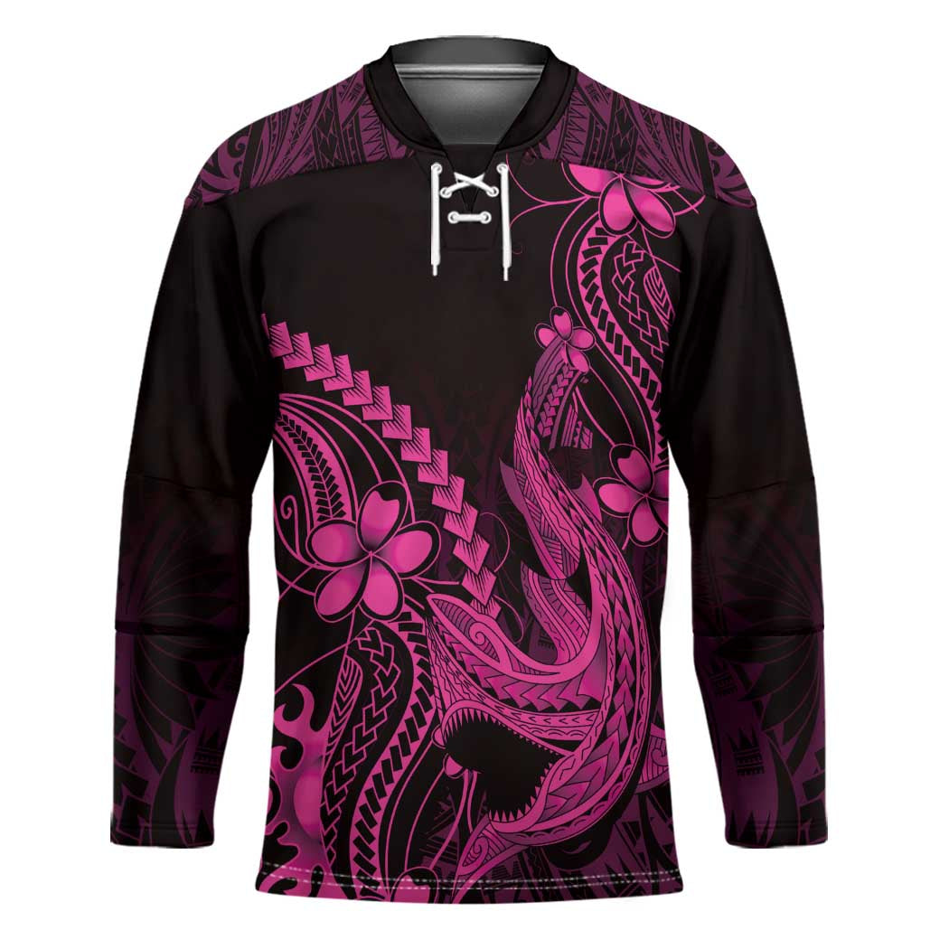 Pink Black Aloha Hawaii Hockey Jersey Polynesian Shark Tattoo With Plumeria LT14 Unisex Pink - Polynesian Pride