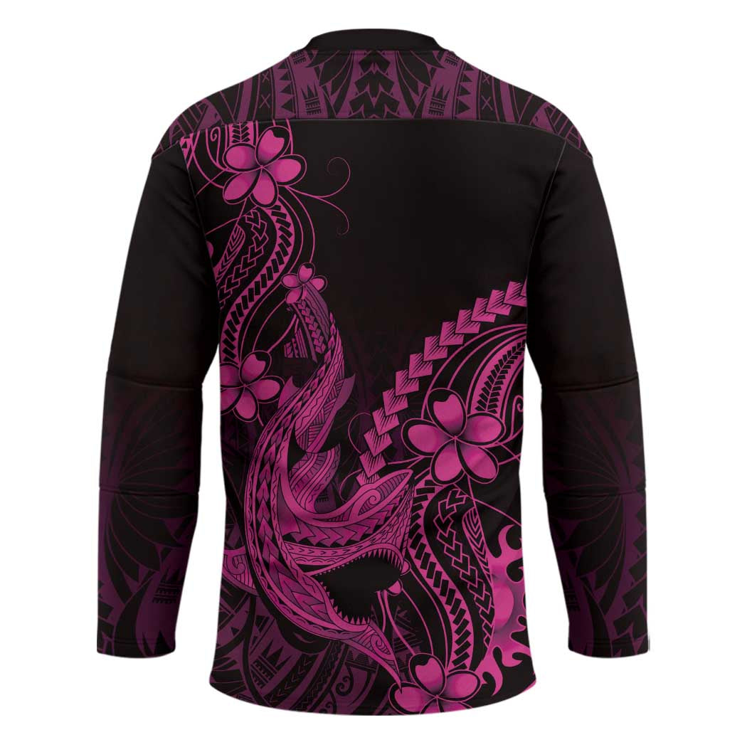 Pink Black Aloha Hawaii Hockey Jersey Polynesian Shark Tattoo With Plumeria LT14 - Polynesian Pride