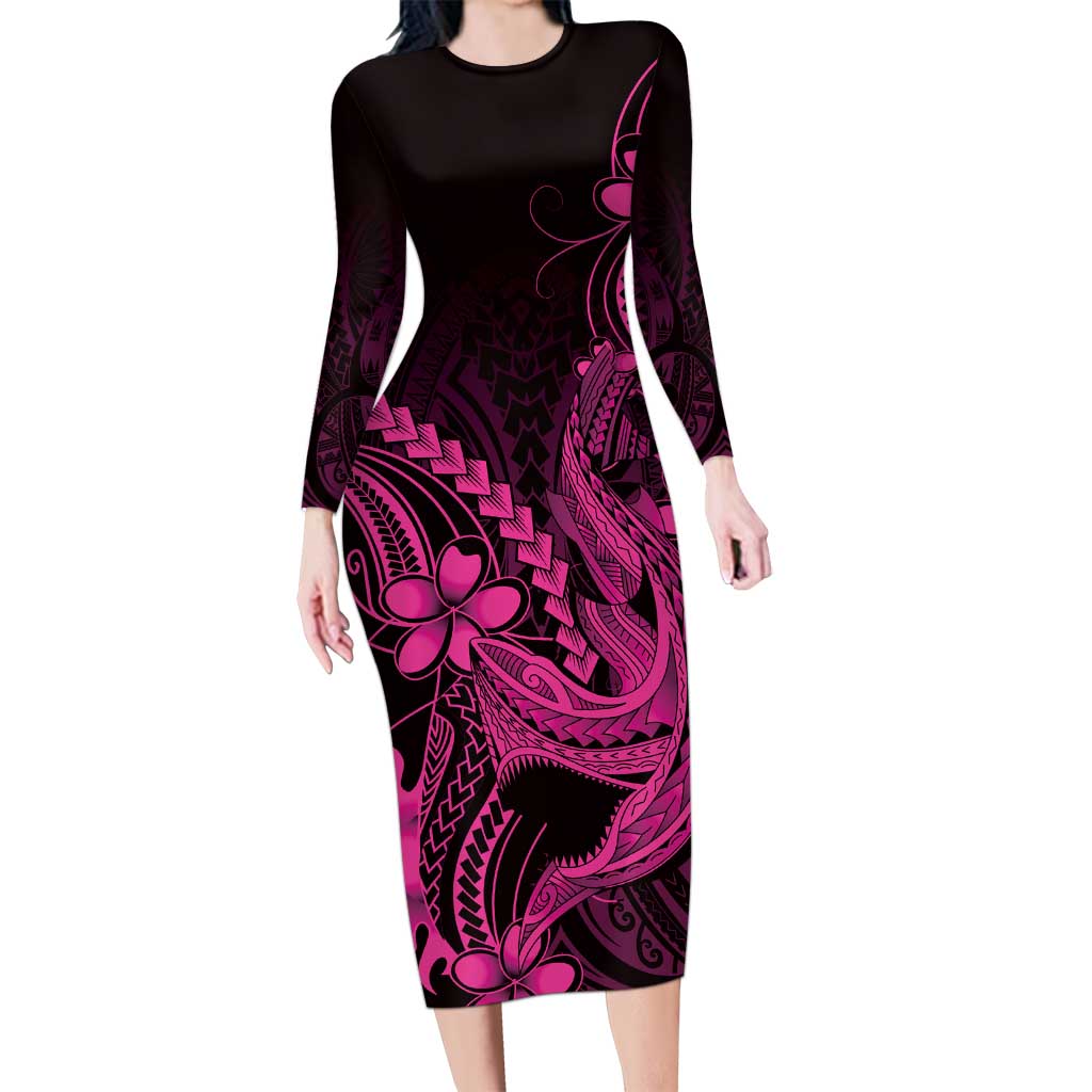Pink Black Aloha Hawaii Long Sleeve Bodycon Dress Polynesian Shark Tattoo With Plumeria LT14 Long Dress Pink - Polynesian Pride