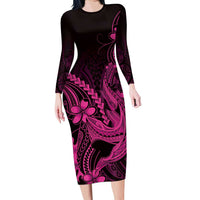 Pink Black Aloha Hawaii Long Sleeve Bodycon Dress Polynesian Shark Tattoo With Plumeria LT14 Long Dress Pink - Polynesian Pride