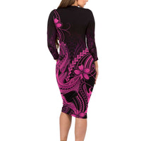 Pink Black Aloha Hawaii Long Sleeve Bodycon Dress Polynesian Shark Tattoo With Plumeria LT14 - Polynesian Pride