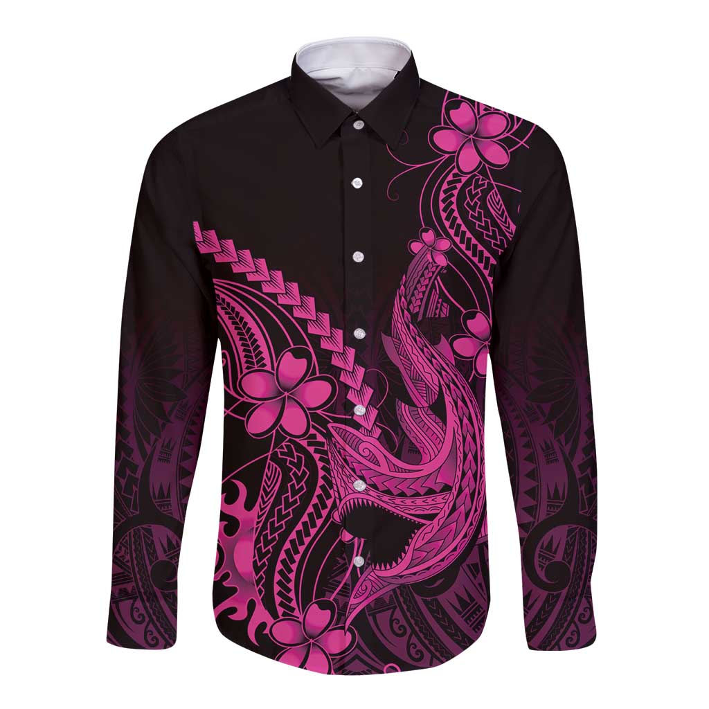 Pink Black Aloha Hawaii Long Sleeve Button Shirt Polynesian Shark Tattoo With Plumeria LT14 Unisex Pink - Polynesian Pride