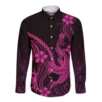 Pink Black Aloha Hawaii Long Sleeve Button Shirt Polynesian Shark Tattoo With Plumeria LT14 Unisex Pink - Polynesian Pride