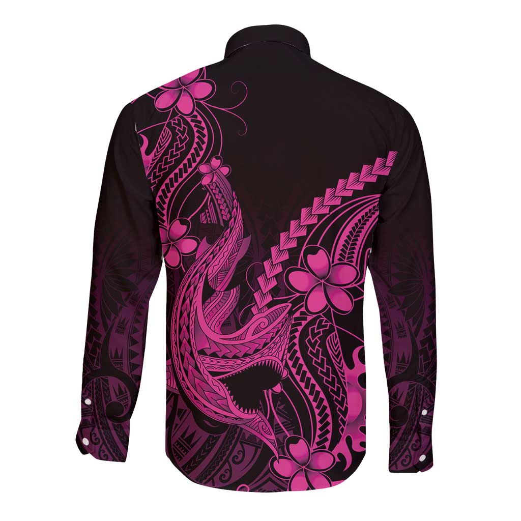 Pink Black Aloha Hawaii Long Sleeve Button Shirt Polynesian Shark Tattoo With Plumeria LT14 - Polynesian Pride