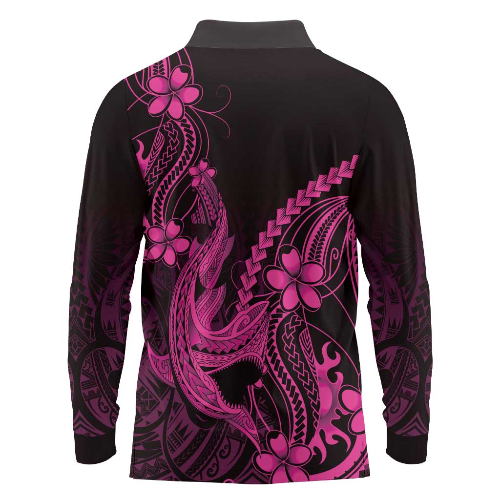 Pink Black Aloha Hawaii Long Sleeve Polo Shirt Polynesian Shark Tattoo With Plumeria LT14 - Polynesian Pride
