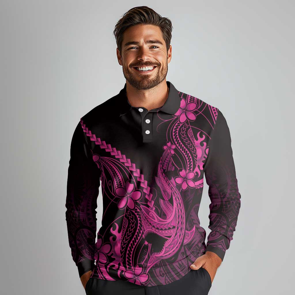 Pink Black Aloha Hawaii Long Sleeve Polo Shirt Polynesian Shark Tattoo With Plumeria LT14 - Polynesian Pride