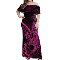 Pink Black Aloha Hawaii Off Shoulder Maxi Dress Polynesian Shark Tattoo With Plumeria LT14 Women Pink - Polynesian Pride