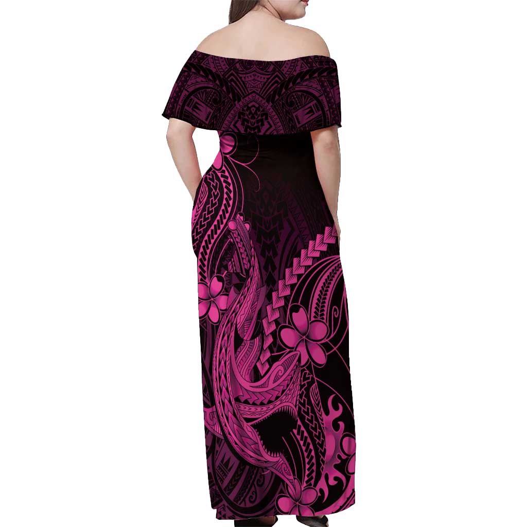Pink Black Aloha Hawaii Off Shoulder Maxi Dress Polynesian Shark Tattoo With Plumeria LT14 - Polynesian Pride