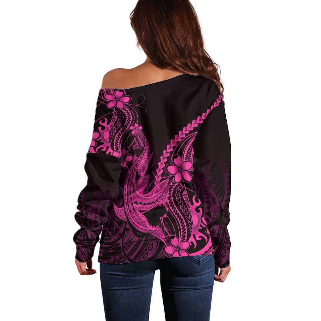 Pink Black Aloha Hawaii Off Shoulder Sweater Polynesian Shark Tattoo With Plumeria - Polynesian Pride