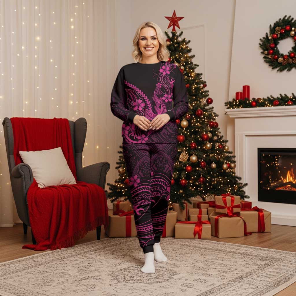 Pink Black Aloha Hawaii Christmas Pajama Set Polynesian Shark Tattoo With Plumeria LT14 Women Pink - Polynesian Pride