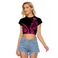 Pink Black Aloha Hawaii Raglan Cropped T Shirt Polynesian Shark Tattoo With Plumeria LT14 Female Pink - Polynesian Pride