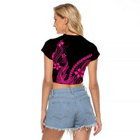 Pink Black Aloha Hawaii Raglan Cropped T Shirt Polynesian Shark Tattoo With Plumeria LT14 - Polynesian Pride