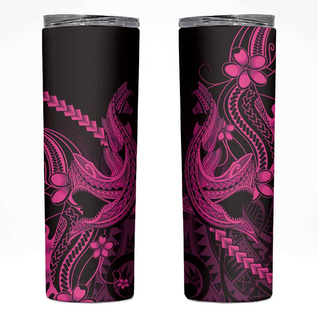 Pink Black Aloha Hawaii Skinny Tumbler Polynesian Shark Tattoo With Plumeria LT14 Pink - Polynesian Pride