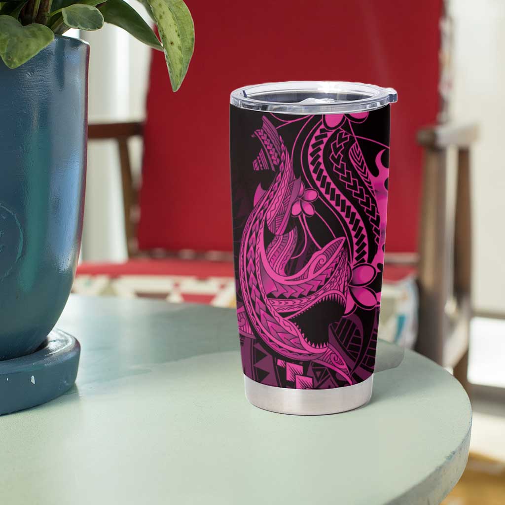 Pink Black Aloha Hawaii Tumbler Cup Polynesian Shark Tattoo With Plumeria LT14 - Polynesian Pride