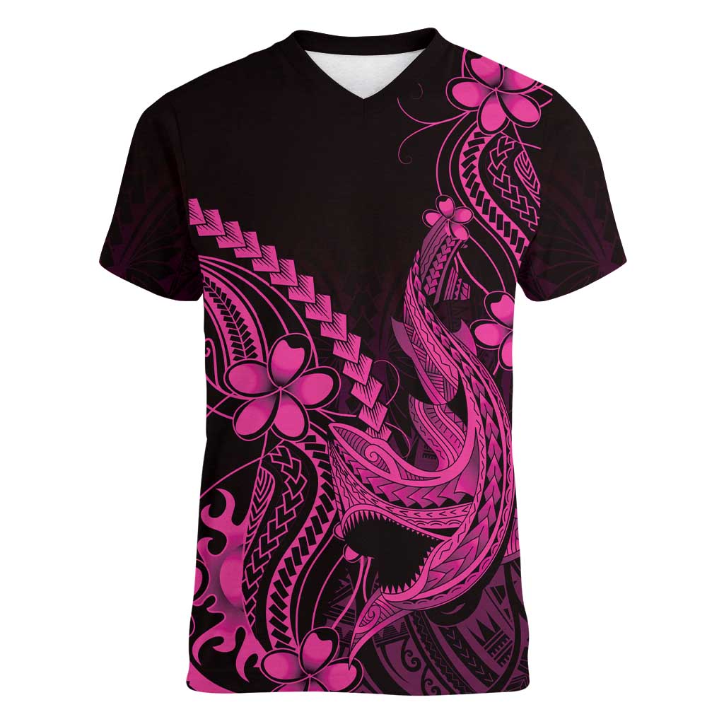 Pink Black Aloha Hawaii Women V-Neck T-Shirt Polynesian Shark Tattoo With Plumeria LT14 Female Pink - Polynesian Pride