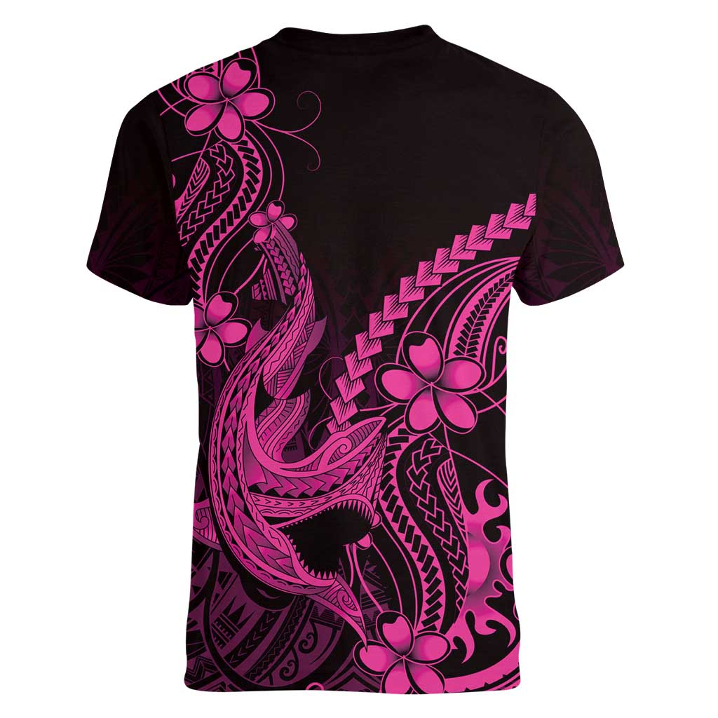 Pink Black Aloha Hawaii Women V-Neck T-Shirt Polynesian Shark Tattoo With Plumeria LT14 - Polynesian Pride