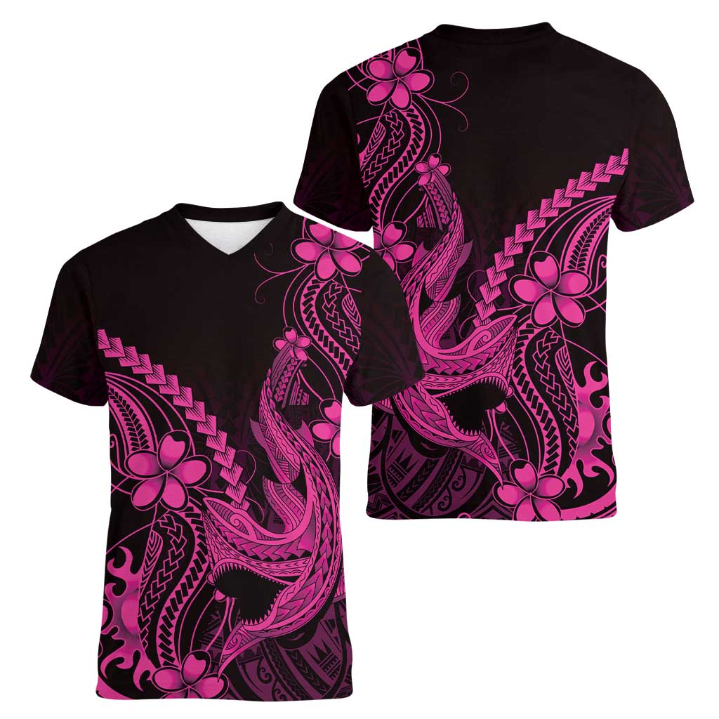 Pink Black Aloha Hawaii Women V-Neck T-Shirt Polynesian Shark Tattoo With Plumeria LT14 - Polynesian Pride