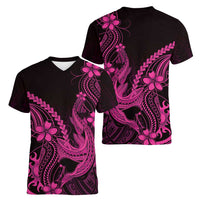 Pink Black Aloha Hawaii Women V-Neck T-Shirt Polynesian Shark Tattoo With Plumeria LT14 - Polynesian Pride