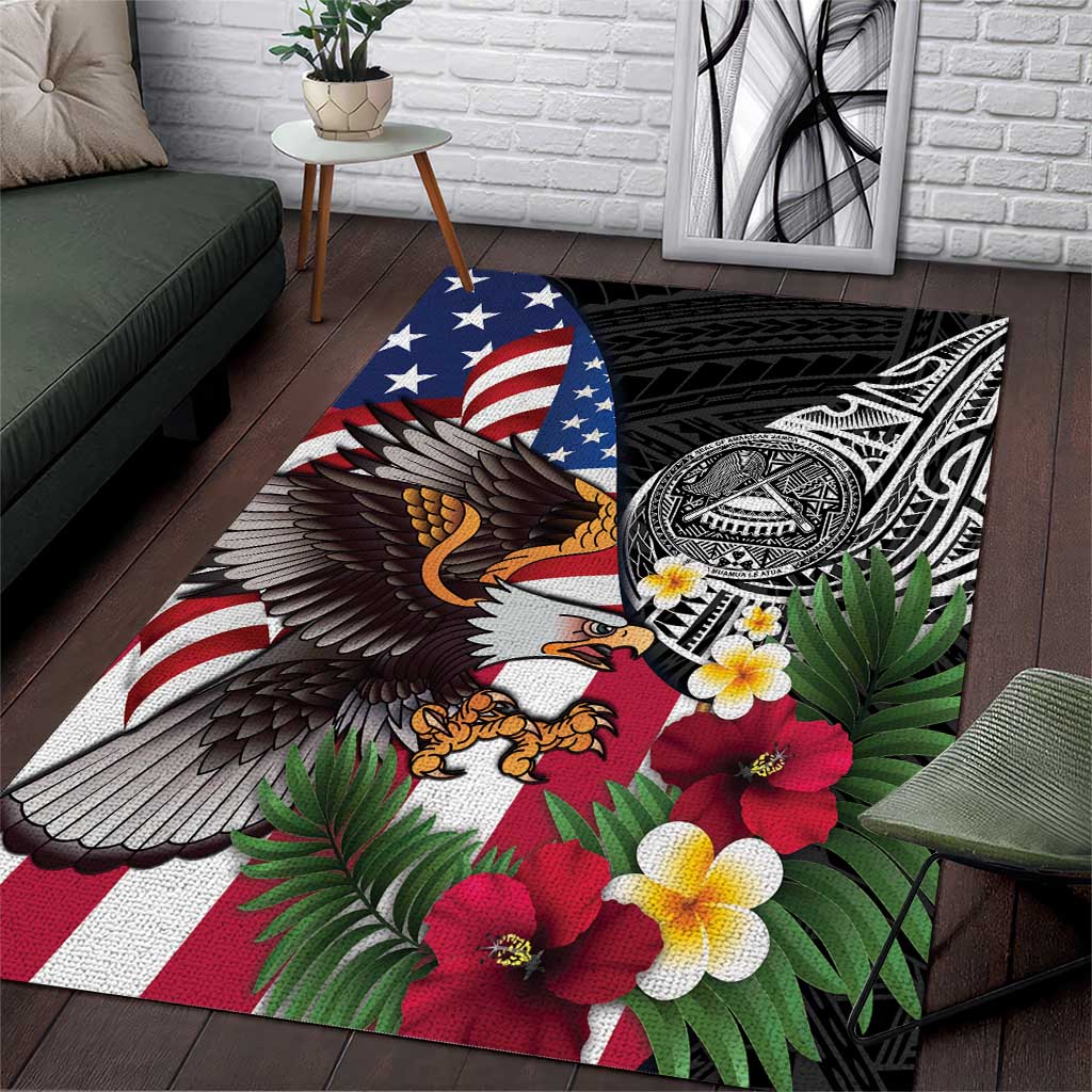 United States and American Samoa Area Rug USA Flag Eagle With Seal Tropical Flowers